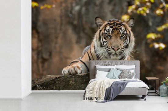 Papier Peint - Papiers Papier peint photo Tigre - Rochers - Feuilles - Largeur 420 cm x Hauteur 280 cm