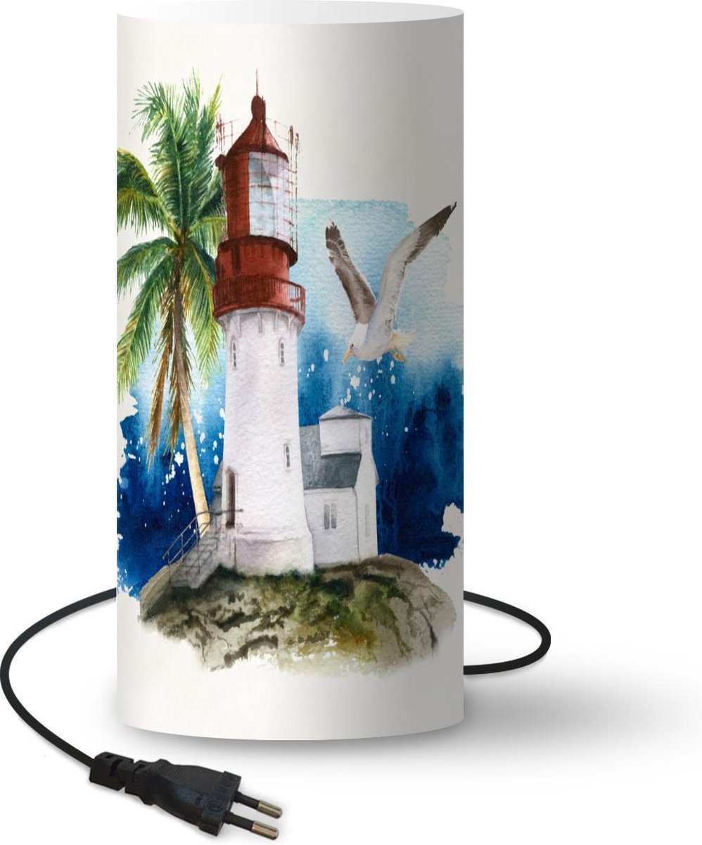 Lamp - Nachtlampje - Tafellamp slaapkamer - Vuurtoren - Palmboom - Vogel - Zee - 33 cm hoog - Ø15.9 cm - Inclusief LED lamp