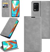 Voor OPPO Realme V13 5G/Realme 8 5G/Q3i 5G/Q3 5G Retro-skin Zakelijke magnetische zuignap lederen tas met houder & kaartsleuven & portemonnee (grijs)