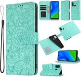 Voor Huawei P smart 2020 Huid Voelen Reliëf Zonnebloem Horizontale Flip Lederen Case met Houder & Kaartsleuven & Portemonnee & Lanyard (Groen)