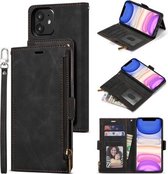 Side Zipper Back Card Horizontale Flip PU Lederen Case met Kaartsleuven & Portemonnee & Fotolijst & Lanyard Voor iPhone 12 mini (Zwart)