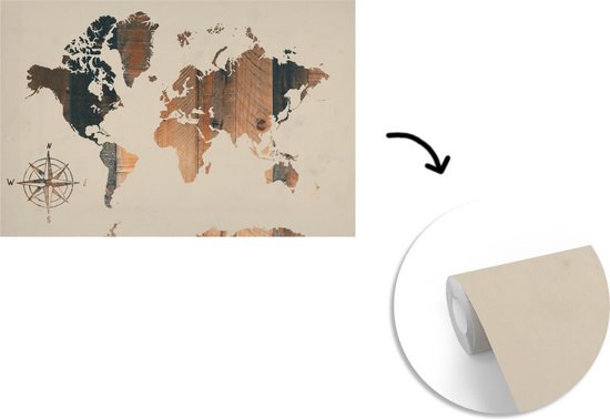 Wereldkaart du bois foncé avec une rose des vents sur fond rose | Wereldkaart en bois 390x260 cm