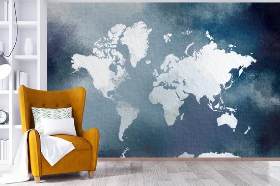 Carte du monde de couleur claire sur fond d'aquarelle bleue 450x300 cm