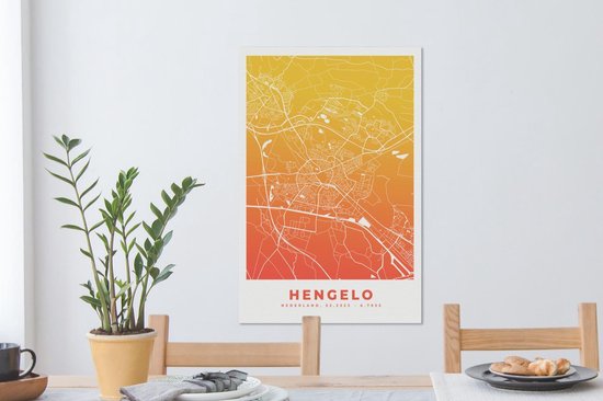 Canvas Schilderij Stadskaart - Hengelo - Geel - Nederland - 60x90 cm - Wanddecoratie