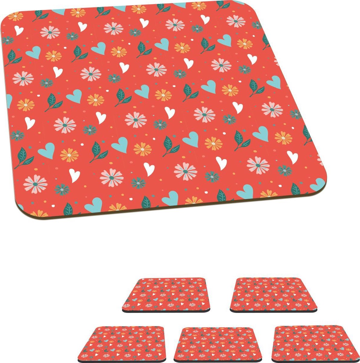 Onderzetters voor glazen - Bloemen - Hart - Design - 10x10 cm - Glasonderzetters - 6 stuks