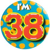 button I'm 38 staal 5,5 cm geel/blauw/rood/groen