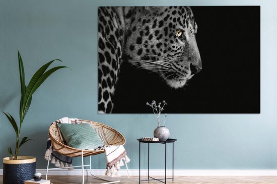 Toile Peinture Léopard - Zwart - Wit - Fourrure - 150x100 cm - Décoration murale