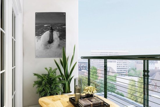 Décoration de jardin Le phare de la Jument en France devant un ciel menaçant - noir et blanc - 40x60 cm - Affiche jardin - Toile jardin