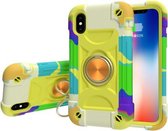 Schokbestendige siliconen + pc-beschermhoes met dubbele ringhouder voor iPhone XR (kleurrijk geelgroen)