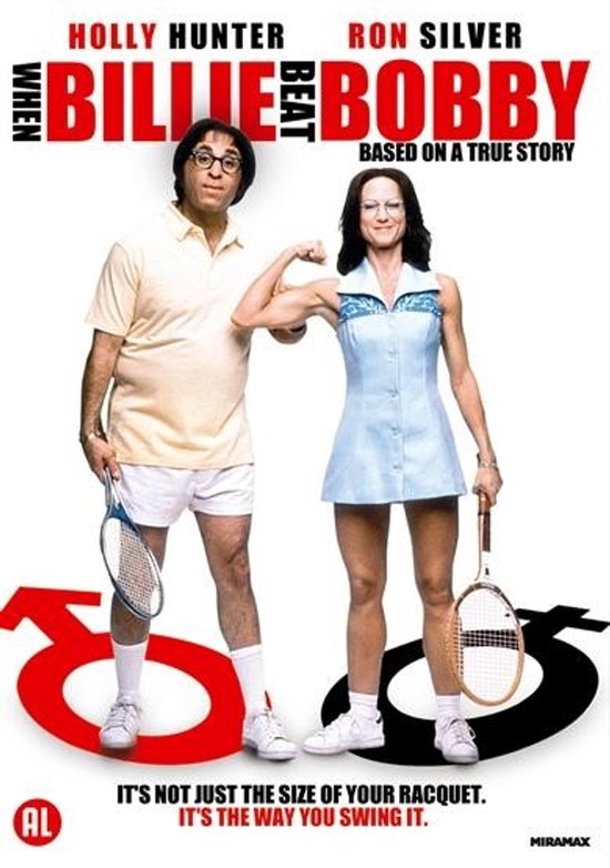 Holly Hunter en Ron Silver in sportkleding met tennisrackets. Billie Beat Bobby, gebaseerd op een waargebeurd verhaal.