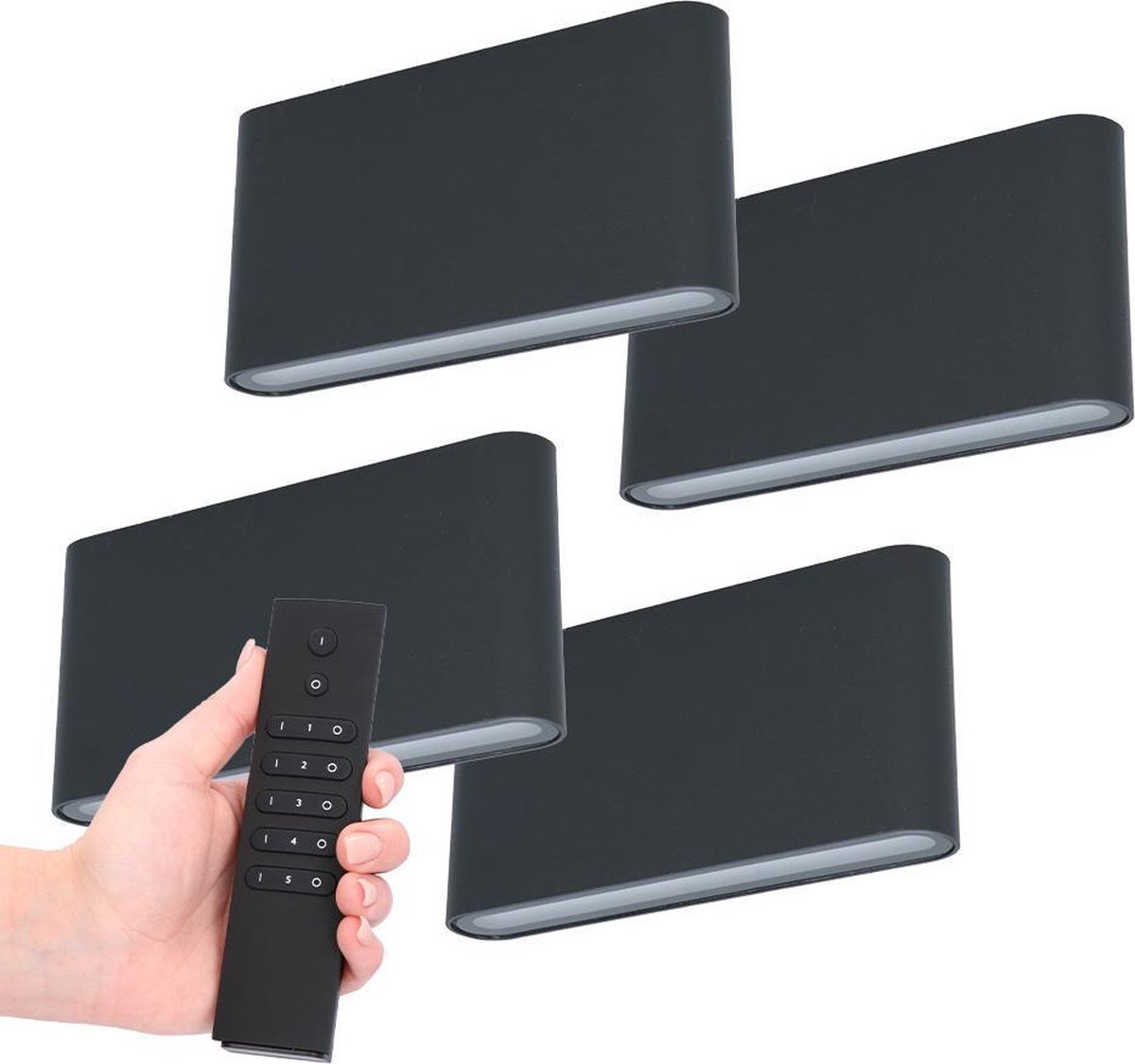 Set van 4 LED Wandlampen Dallas M - Zwart - 12 Watt 660 lumen - 3000K warm wit - Up & Down light - IP54 waterdicht - Incl. dimmer met afstandsbediening - Binnen & Buiten