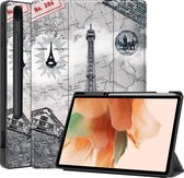 Hoes Geschikt voor Samsung Galaxy Tab S7 FE Hoes Book Case Hoesje Trifold Cover Met Uitsparing Geschikt voor S Pen - Hoesje Geschikt voor Samsung Tab S7 FE Hoesje Bookcase - Eiffeltoren