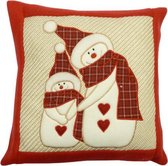 kerstkussen Sneeuwpop 36 cm jute/polyester rood/bruin