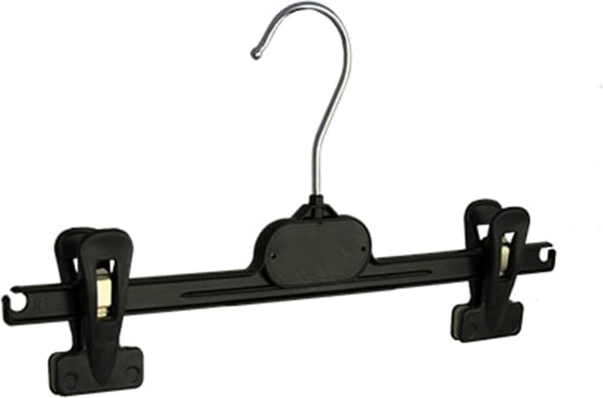 De Kledinghanger Gigant - 10 x Rokhanger / broekhanger / pantalonhanger / knijperhanger / kinderhanger (PGP30) kunststof zwart met anti-slip knijpers, 30 cm