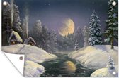 Tuindecoratie Winter - Maan - Huis - Schilderij - 60x40 cm - Tuinposter - Tuindoek - Buitenposter