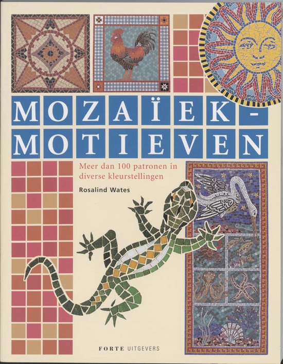 Boek kaft met een haan, zon, salamander, octopus en andere mozaïekmotieven.