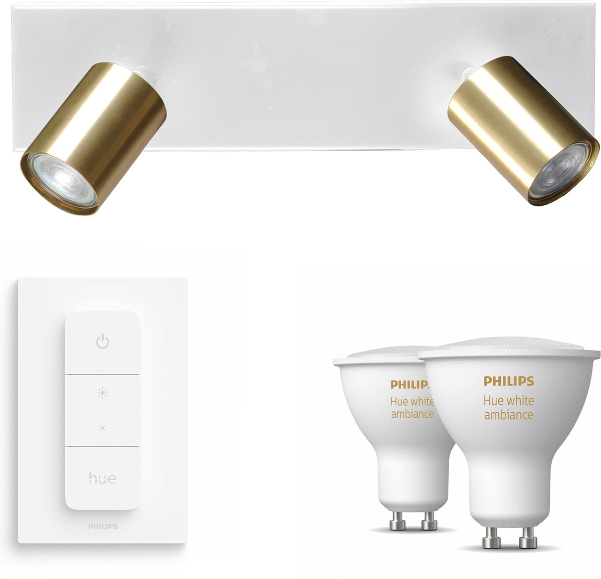 Masterlight Bounce Opbouwspot met Philips Hue White Ambiance GU10 & Dimmer Switch - Spotjes Opbouw - 2 Lichtpunten - Bluetooth - Wit Messing