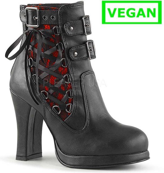 Crypto-51 ankle boot with corset detail and buckles black/red vegan leather - (EU 38 = US 8) - Demonia