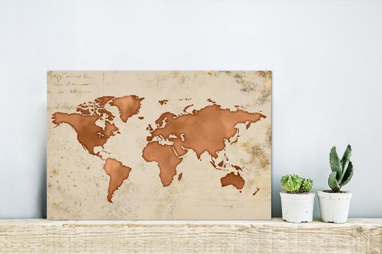 Décoration murale Métal - Peinture Aluminium - Wereldkaart - Papyrus - Koper - 30x20 cm - Dibond