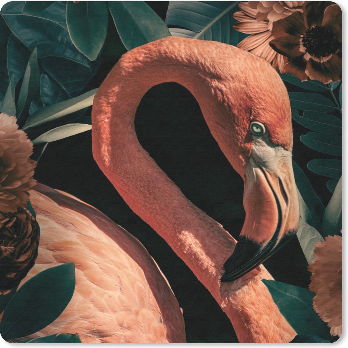 Muismat 20x20 cm - Mousepad Flamingo - Bloemen - Licht - Bladeren - Muismatten