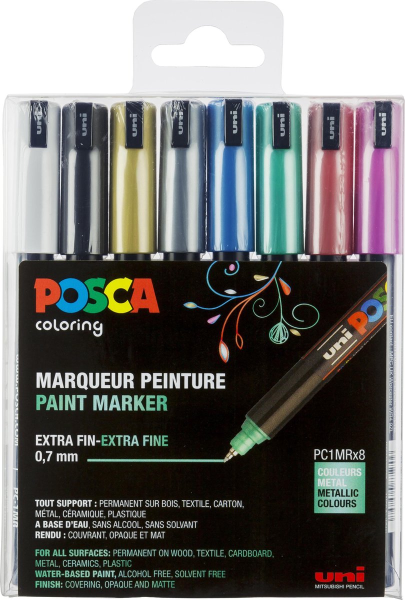 Krijtstift – Fineliner – Universele Marker – Metallic Kleuren – Uni Posca Marker – PC-1MR – 0,7mm – 8 stuks