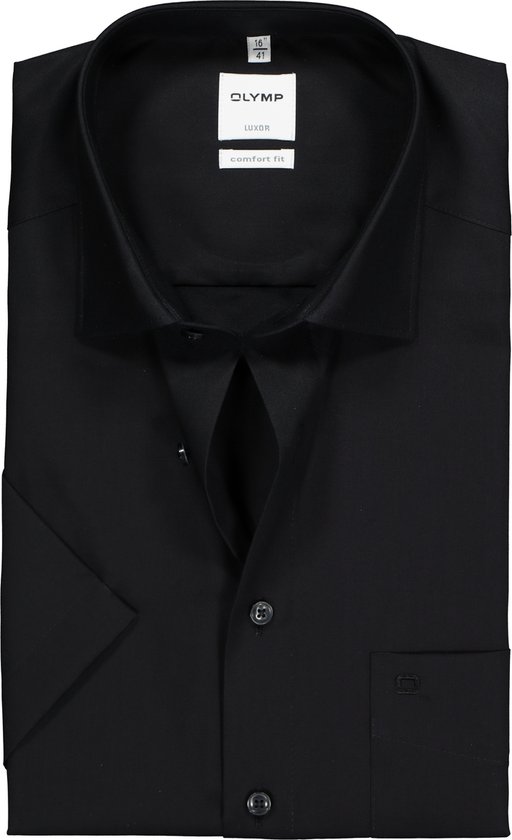 OLYMP Luxor comfort fit overhemd - korte mouwen - zwart - Strijkvrij - Boordmaat: