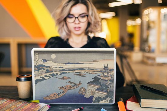 Sticker pour ordinateur portable - 15,6 pouces - La rivière Yodo au clair de lune - Peinture de Katsushika Hokusai