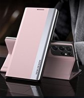 Voor Samsung Galaxy S21 Ultra 5G Side gegalvaniseerde magnetische ultradunne horizontale flip lederen tas met houder (roze)