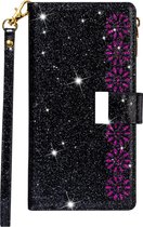 Hoesje geschikt voor iPhone XR - Bookcase - Koord - Pasjeshouder - Portemonnee - Glitter - Bloemenpatroon - Kunstleer - Zwart