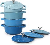 Navaris ronde gietijzeren pannetjes - 4x cocotte van gietijzer met deksel - Set van 4 pannen met geëmailleerde coating - Blauw