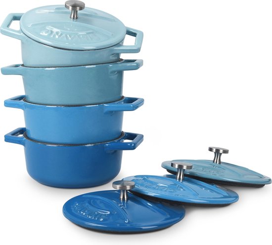 Poêles rondes en fonte Navaris - 4x cocotte en fonte avec couvercle - Set de 4 casseroles avec revêtement émaillé - Blauw