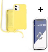 Coverzs Silicone case met koord - Telefoonhoesje met koord - Backcover hoesje met koord - touwtje - geschikt voor Apple iPhone 12 / 12 Pro - Geel  + glazen Screen Protector