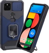 Voor Google Pixel 5a 5G Sliding Camera Cover Design PC + TPU Shockproof Case met Ring Holder & Card Slot (Blauw)