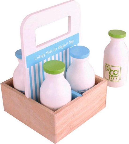 Boodschappen Zuivel - In | houten speelgoed melkflessen voor winkel of keuken |