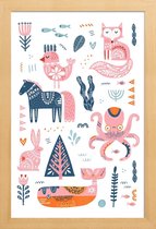 JUNIQE - Poster met houten lijst Patchwork Animals -13x18 /Roze & Wit