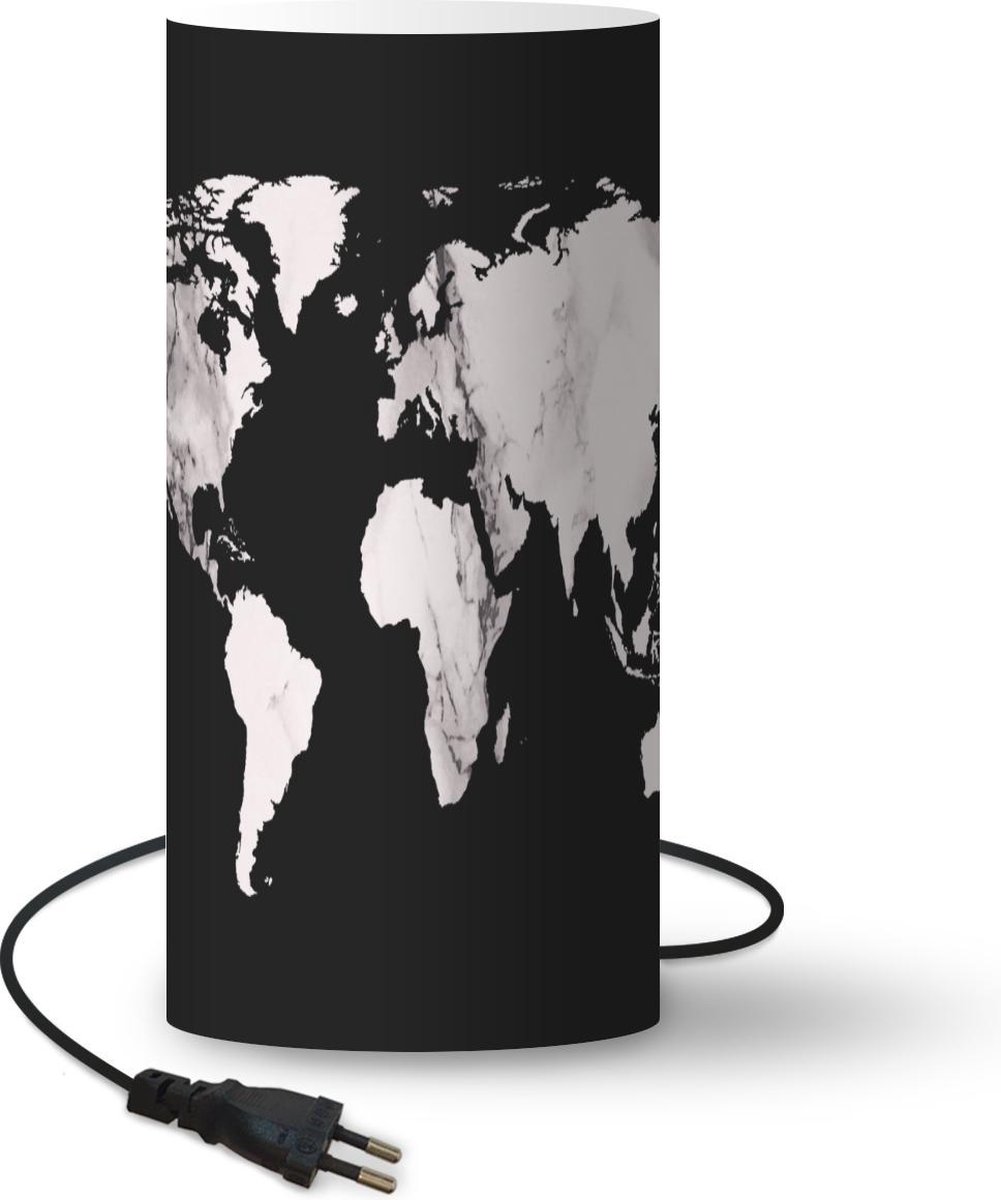 Lamp - Nachtlampje - Tafellamp slaapkamer - Wereldkaart - Marmer - Wit - 33 cm hoog - Ø15.9 cm - Inclusief LED lamp