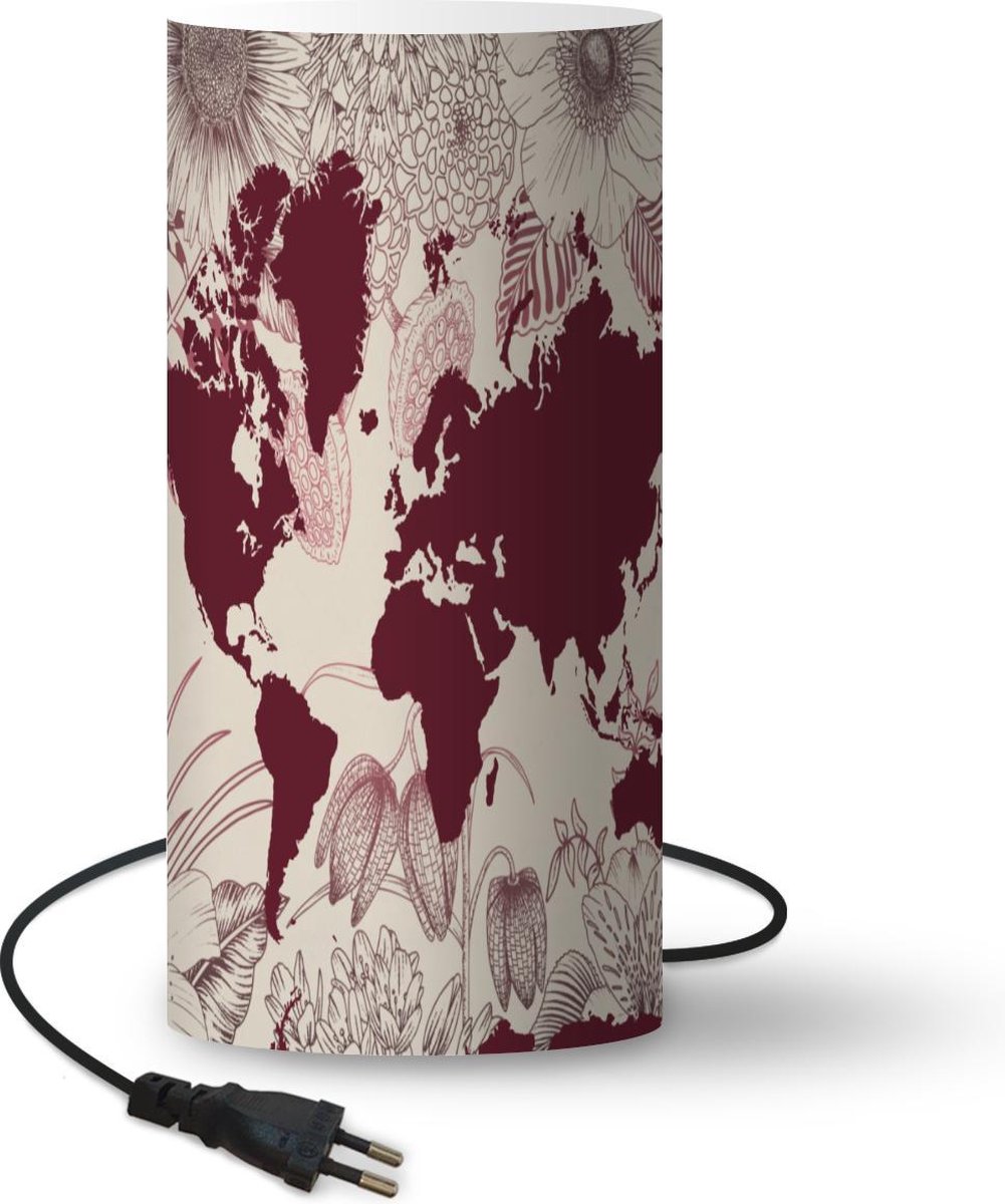 Lamp - Nachtlampje - Tafellamp slaapkamer - Wereldkaart - Rood - Bloemen - 33 cm hoog - Ø15.9 cm - Inclusief LED lamp