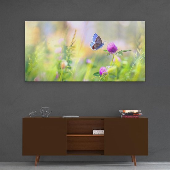 Artaza - Peinture sur toile - Papillon bleu avec une Bloem pourpre - 120 x 60 - Groot - Photo sur toile - Impression sur toile