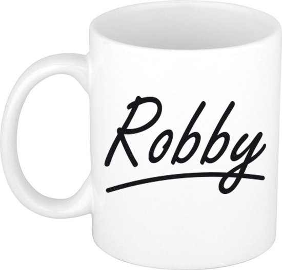Robby naam cadeau mok / beker met sierlijke letters - Cadeau collega/ vaderdag/ verjaardag of persoonlijke voornaam mok werknemers