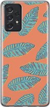 Samsung Galaxy A52 Telefoonhoesje - Transparant Siliconenhoesje - Flexibel - Met Plantenprint - Tropische Blaadjes - Oranje