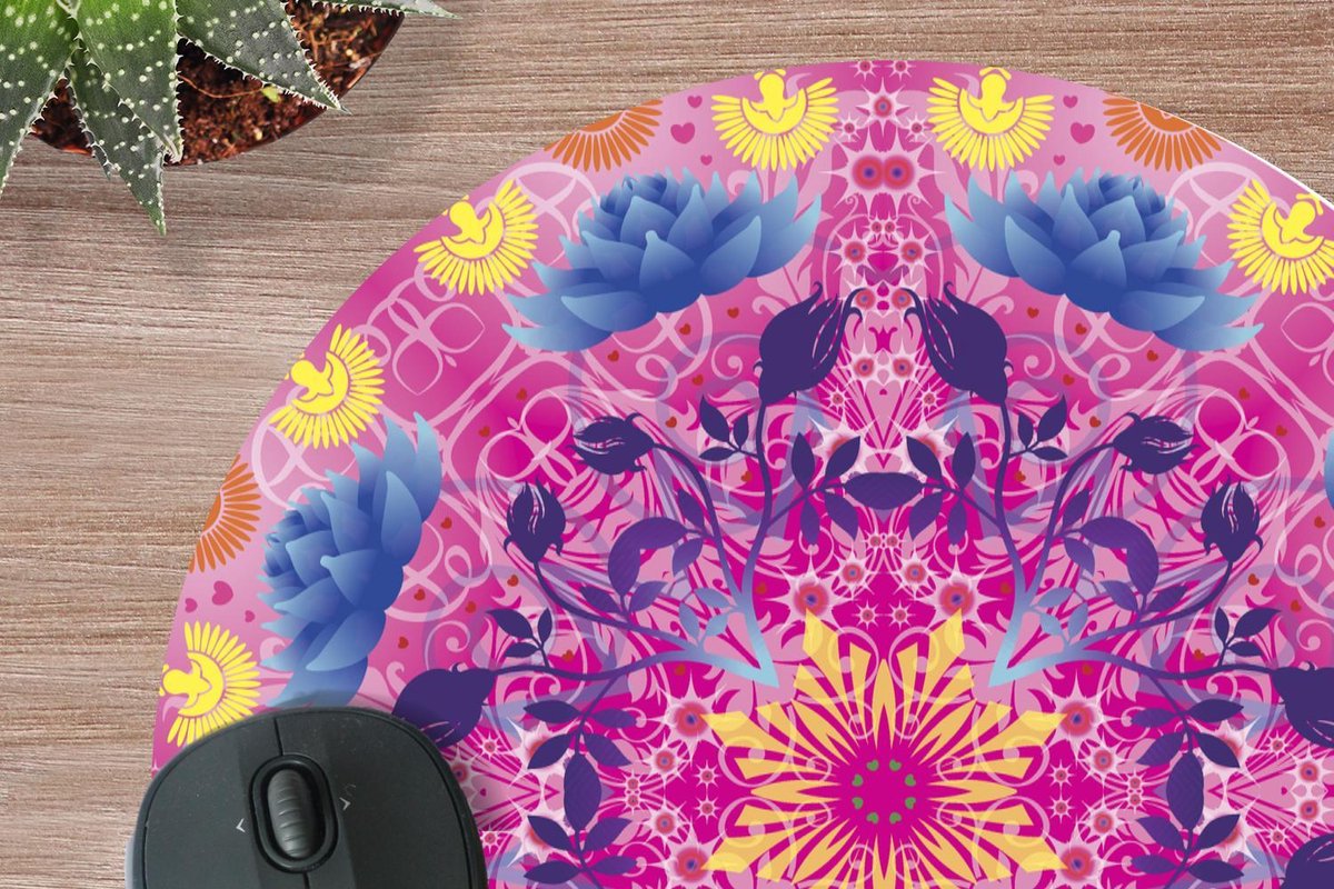 Muismat - Mousepad - Rond - Mandala kleurrijk - 40x40 cm - Ronde muismat