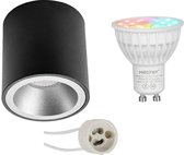 Mi-Light MiBoxer - Opbouwspot Set GU10 - Smart LED - Wifi LED - Slimme LED - 4W - RGB+CCT - Aanpasbare Kleur - Dimbaar - Pragmi Cliron Pro - Opbouw Rond - Mat Zwart/Zilver - Verdiept - Ø90mm 