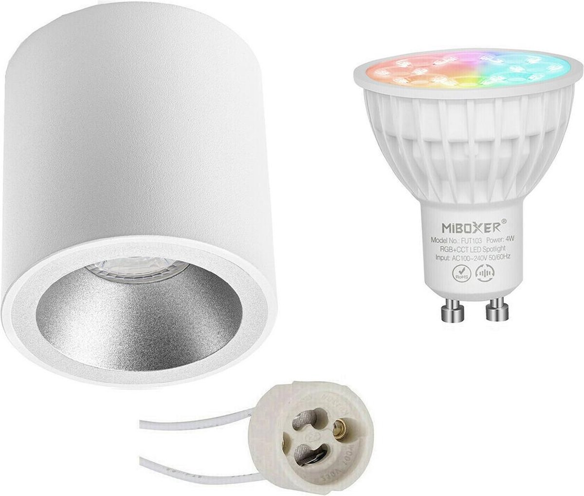 Mi-Light MiBoxer - Opbouwspot Set GU10 - Smart LED - Wifi LED - Slimme LED - 4W - RGB+CCT - Aanpasbare Kleur - Dimbaar - Proma Cliron Pro - Opbouw Rond - Mat Wit/Zilver - Verdiept - Ø90mm