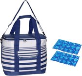 Koeltas draagtas schoudertas blauw/wit gestreept met 2 stuks flexibele koelelementen 12 liter