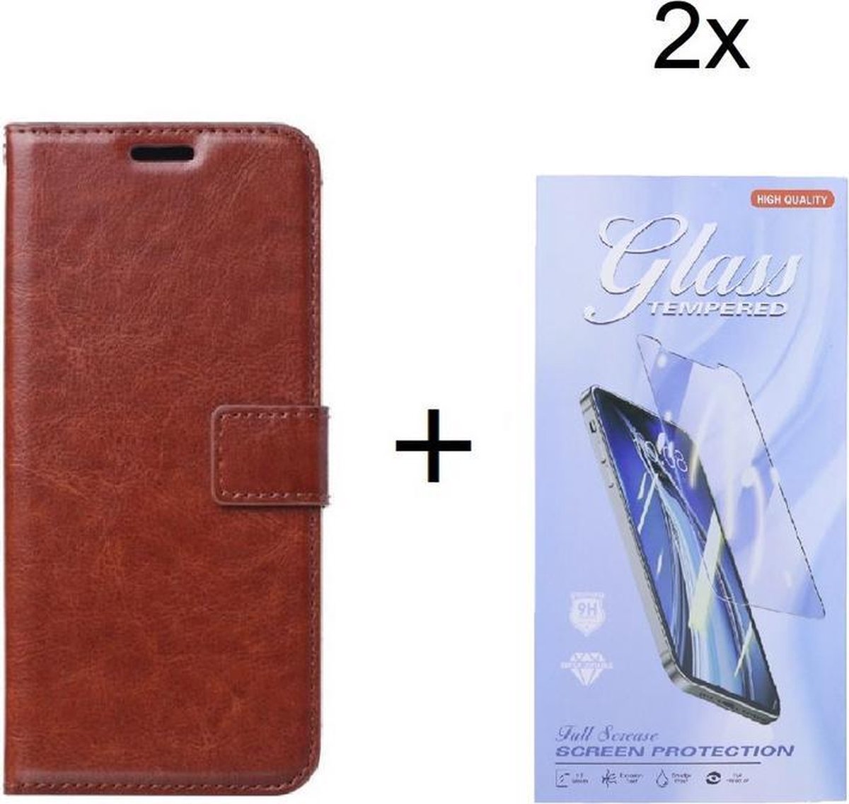 Bookcase Geschikt voor: Motorola Moto E6i / E6S - Bruin - portemonnee hoesje met 2 stuk Glas Screen protector