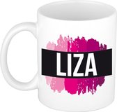 Liza  naam cadeau mok / beker met roze verfstrepen - Cadeau collega/ moederdag/ verjaardag of als persoonlijke mok werknemers