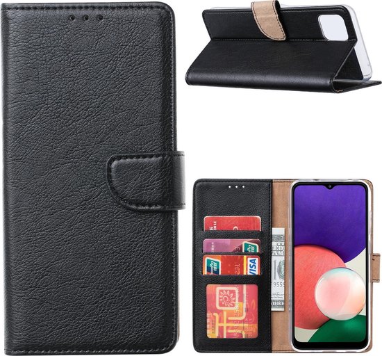Montage d'un étui portefeuille noir pour Samsung Galaxy A22. L'étui est montré fermé, ouvert avec des cartes et de l'argent, et debout avec le téléphone.