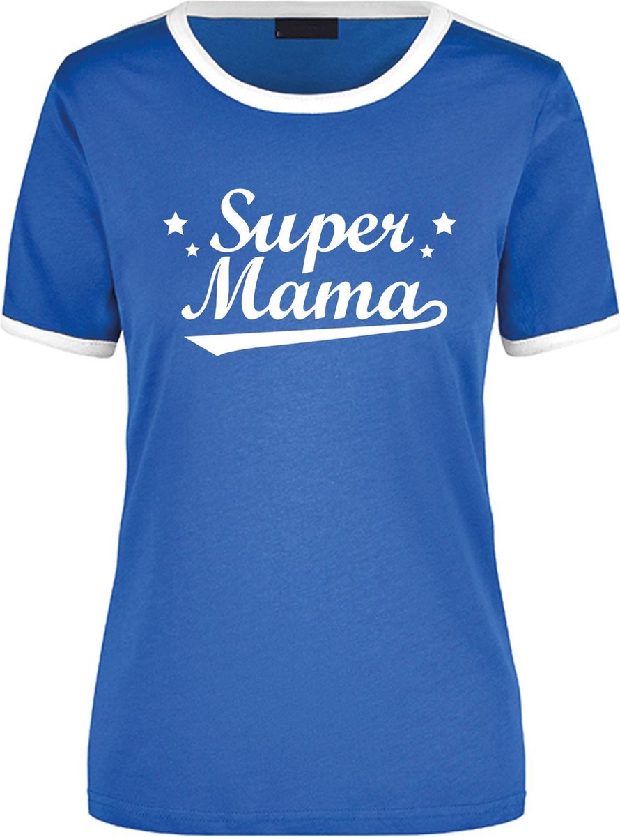 Afbeelding van product Bellatio Decorations  Super mama blauw/wit ringer t-shirt - dames - Moederdag/ verjaardag cadeau shirt XL  - maat XL