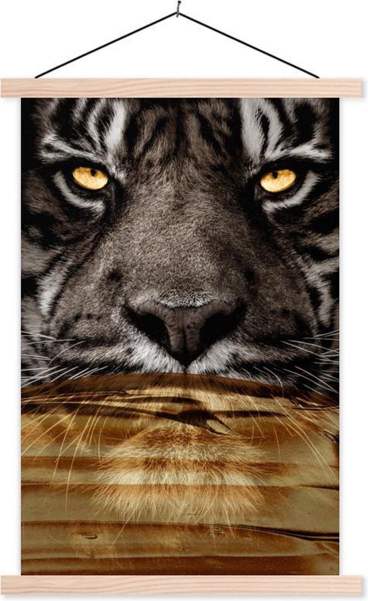 Posterhanger incl. Poster 40x60 cm - Schoolplaat - Tijger - Portret - Goud - Textielposter - Blanke latten