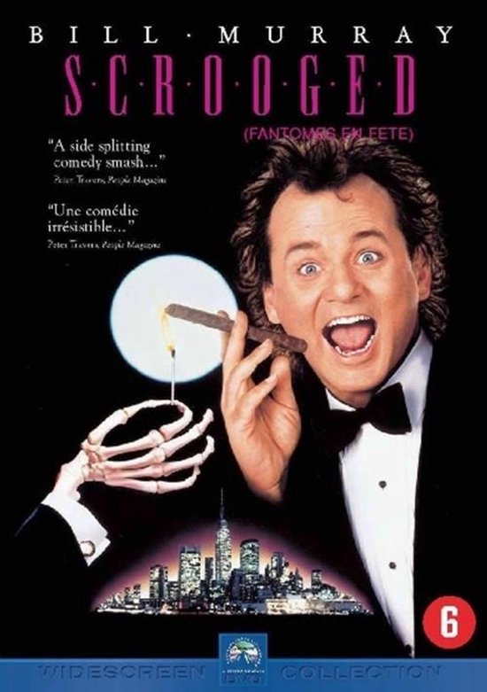 Bill Murray als Scrooged met sigaar en skelet hand die de sigaar aansteekt. Skyline van New York.